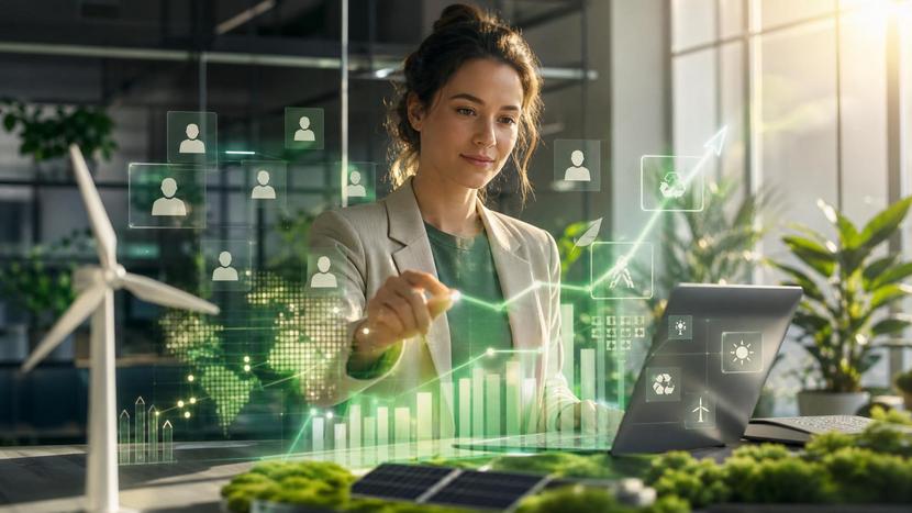 Arbeitnehmerin prüft auf einem Tablet Energiedaten in einer modernen Werkhalle mit Solarpanelen im Hintergrund
